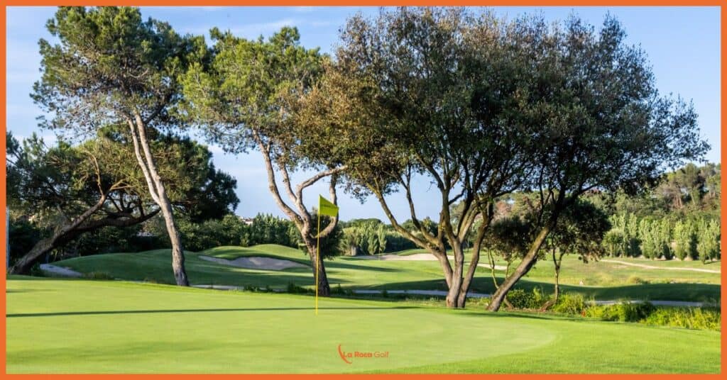Vista panorámica del hoyo 15 de La Roca Golf, que ejemplifica nuestra filosofía de diseño. El green, rodeado de pinos mediterráneos y olivos centenarios, presenta bunkers estratégicamente ubicados que definen la línea de juego. La bandera amarilla ondea en un putting green perfectamente mantenido, mientras que los suaves contornos del fairway y la vegetación autóctona demuestran nuestra integración armoniosa con el entorno natural.