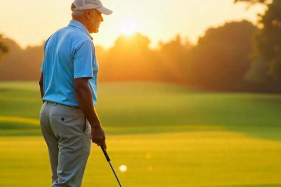 La imagen muestra a un golfista mayor visto de espaldas, vestido con una camisa polo azul y pantalones claros, sosteniendo un palo de golf. Está contemplando el campo durante el atardecer, con el sol creando un resplandor dorado sobre el paisaje del campo de golf. La escena transmite serenidad y la belleza del golf al final del día, con el verde campo bañado por la cálida luz del atardecer.