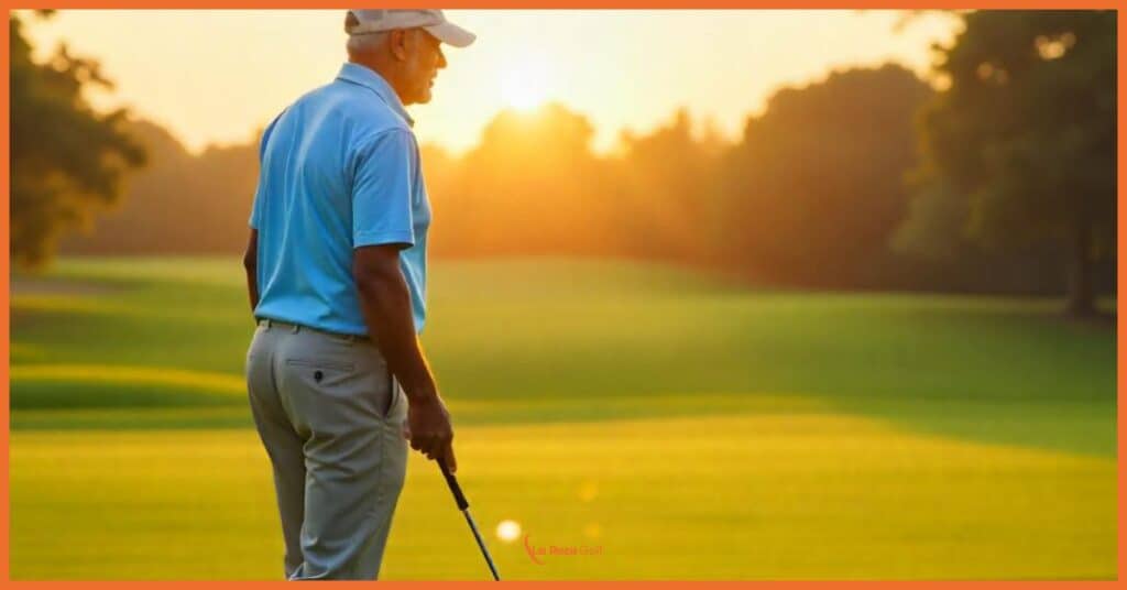 La imagen muestra a un golfista mayor visto de espaldas, vestido con una camisa polo azul y pantalones claros, sosteniendo un palo de golf. Está contemplando el campo durante el atardecer, con el sol creando un resplandor dorado sobre el paisaje del campo de golf. La escena transmite serenidad y la belleza del golf al final del día, con el verde campo bañado por la cálida luz del atardecer.