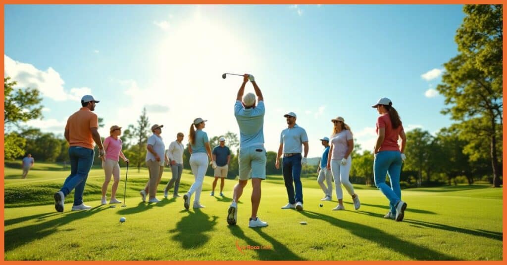 La imagen muestra a un grupo diverso de golfistas en un campo de golf soleado. En el centro, un hombre de cabello gris está en pleno swing con su palo de golf, con los brazos levantados. A su alrededor, varios jugadores de diferentes edades y géneros caminan por el verde césped, todos vestidos con ropa deportiva apropiada para el golf. El escenario está iluminado por un brillante sol que domina el cielo azul, creando largas sombras sobre el campo. Los árboles verdes enmarcan la escena, proporcionando un entorno natural y sereno para la actividad social y deportiva.
