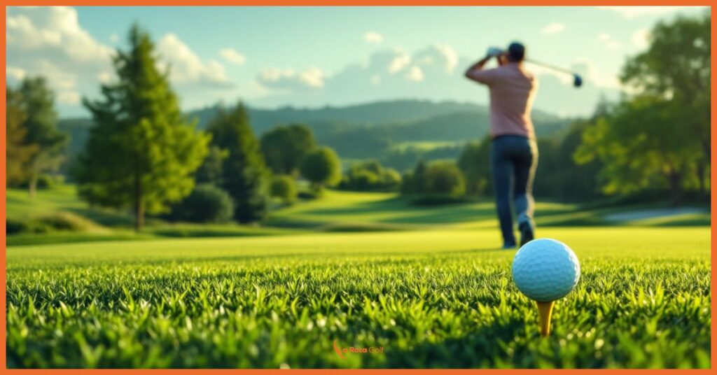 La imagen muestra un primer plano de una pelota de golf blanca colocada sobre un tee en un césped verde perfectamente cuidado. En segundo plano, ligeramente desenfocado, se observa a un golfista terminando su swing. El escenario se completa con un hermoso paisaje de montañas y árboles bajo un cielo azul con algunas nubes. La composición captura la esencia del golf en un entorno natural privilegiado, con el logo de "La Roca Golf" visible discretamente en la esquina inferior. Los colores son vibrantes, destacando el verde intenso del campo contra el azul del cielo.