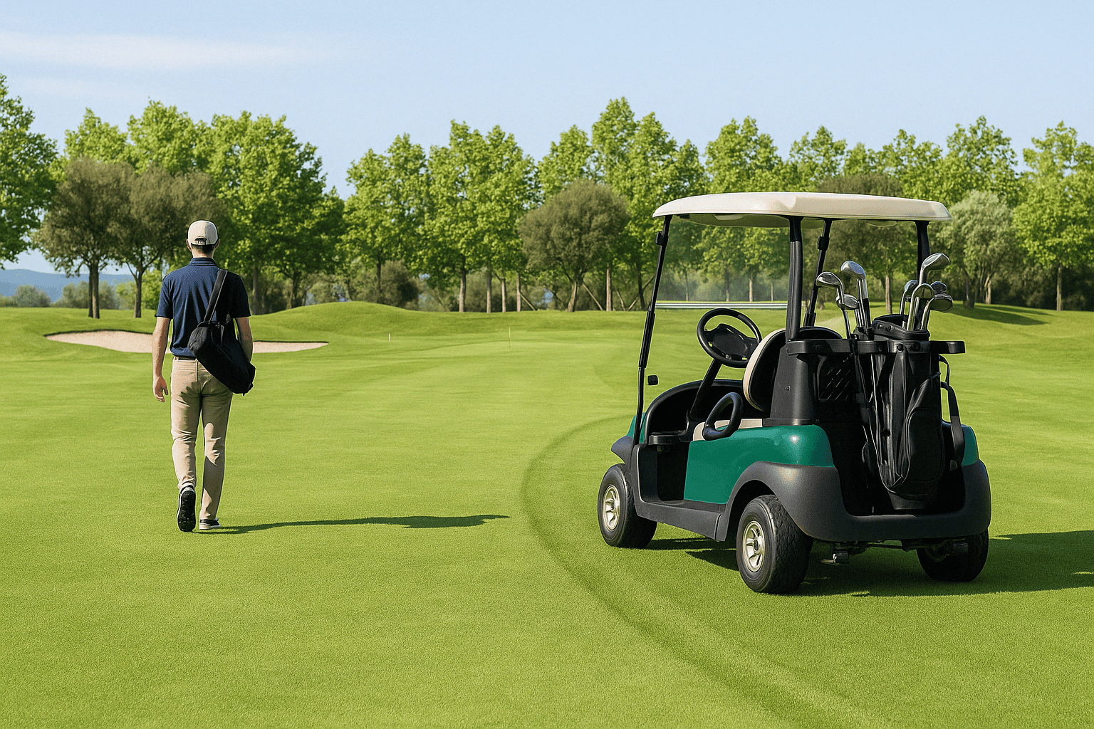 Comparación de golf caminando versus usando carrito: jugador con bolsa caminando por el campo de golf junto a un carrito de golf estacionado en césped verde perfectamente mantenido, rodeado de árboles, mostrando las dos opciones principales para recorrer el campo y su impacto en la salud y experiencia de juego