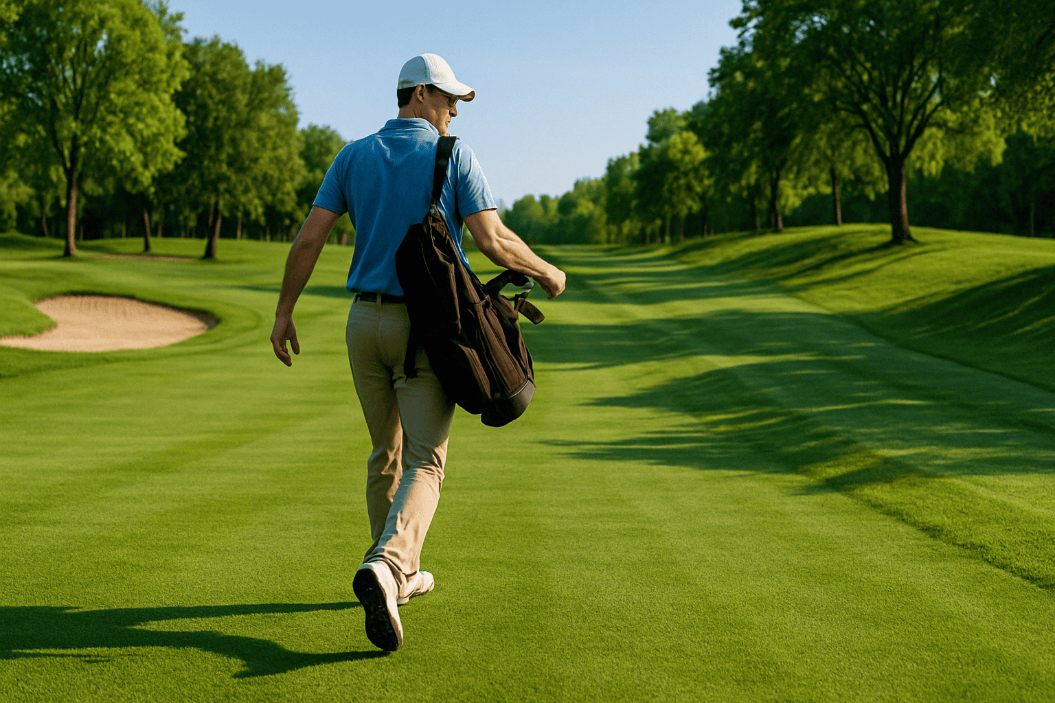 Golfista caminando con bolsa de palos por fairway ondulado en campo de golf, mostrando la mejora de coordinación y equilibrio que proporciona caminar durante el juego de golf. La imagen ilustra cómo el terreno variado del campo desafía la estabilidad corporal, fortaleciendo músculos estabilizadores y mejorando la coordinación motriz, beneficios perdidos al usar carrito.