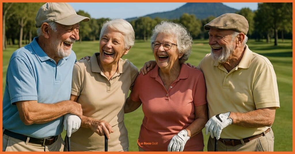 La imagen muestra a cuatro adultos mayores disfrutando de un momento de alegría y camaradería en el campo de La Roca Golf. Dos hombres y dos mujeres, todos vestidos con ropa de golf (polos de colores azul, beige, coral y amarillo), aparecen riendo juntos mientras sostienen sus palos de golf. El entorno muestra el campo perfectamente cuidado con el característico paisaje montañoso del Macizo del Montseny al fondo. Esta fotografía ilustra perfectamente el aspecto social e intergeneracional del golf en La Roca, donde el deporte se convierte en una actividad para toda la vida que fomenta las relaciones sociales, el bienestar y la salud en contacto con la naturaleza. La imagen transmite valores fundamentales del ADN del club: el disfrute del juego en un entorno natural privilegiado, la accesibilidad para todos los niveles y edades, y el golf como experiencia que mejora la calidad de vida y proporciona momentos de felicidad compartida.