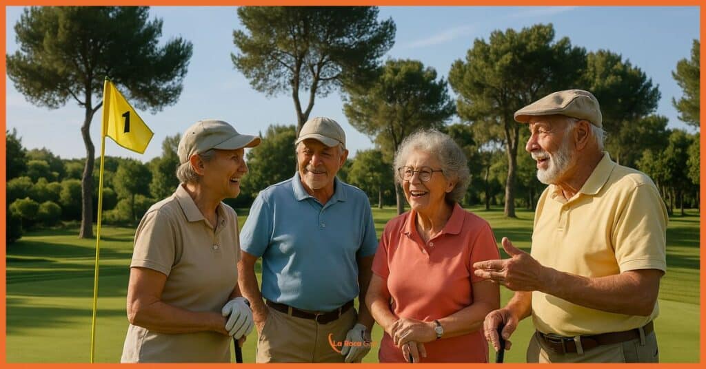 La imagen muestra a dos parejas de adultos mayores disfrutando de una animada conversación en el green del hoyo 1 de La Roca Golf, como indica la bandera amarilla. Los cuatro golfistas, vestidos con polos de colores (beige, azul, coral y amarillo), comparten un momento de camaradería y risas bajo el cielo azul de Cataluña. El entorno está bellamente enmarcado por pinos mediterráneos que proporcionan sombra y carácter al campo. Esta escena refleja perfectamente los aspectos sociales del golf en La Roca, donde el deporte se convierte en una experiencia intergeneracional que promueve la socialización, la amistad y el bienestar en un entorno natural privilegiado. La imagen encapsula la filosofía del club de ofrecer un espacio donde el golf trasciende lo deportivo para convertirse en una actividad que fomenta la salud, las relaciones sociales y el disfrute a cualquier edad.