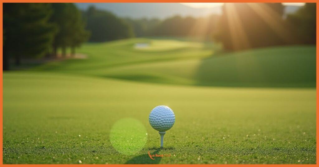 La imagen capta la esencia perfecta del golf en La Roca Golf con una bola colocada sobre un tee en primer plano, lista para ser golpeada. El fondo muestra el espectacular diseño del campo bañado por la cálida luz dorada del atardecer, con sus calles impecablemente cuidadas y greens estratégicamente ubicados. Los rayos del sol crean un efecto de contraluz que resalta la topografía suave del terreno y los árboles que bordean el recorrido. Esta composición refleja la experiencia única que ofrece La Roca Golf: un campo donde la visibilidad es excelente, permitiendo a los jugadores apreciar la belleza del entorno natural mientras disfrutan de un juego fluido y placentero en un ambiente de tranquilidad y bienestar, características fundamentales del ADN de este excepcional campo de golf catalán.