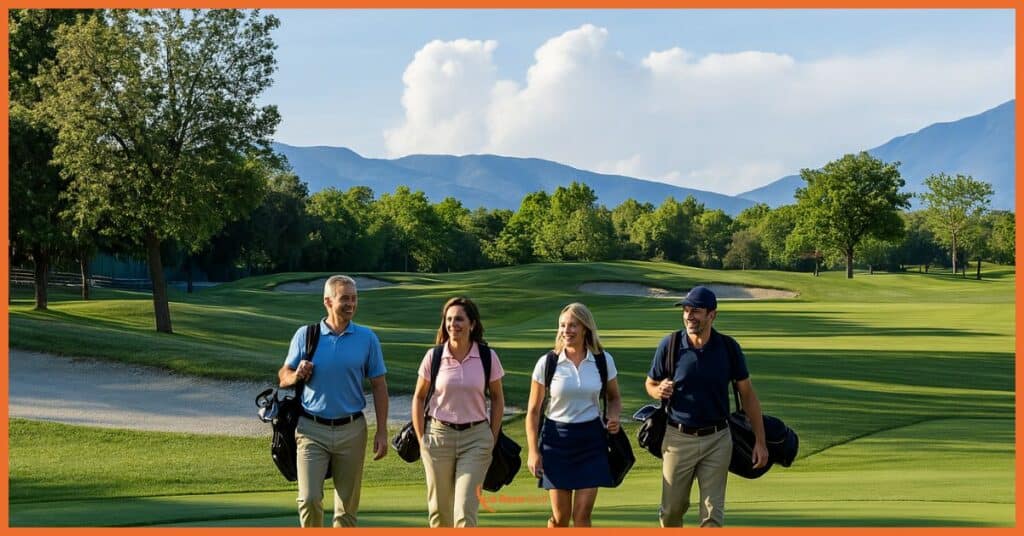 La imagen muestra a un grupo de cuatro golfistas caminando juntos por el campo de La Roca Golf, llevando sus bolsas de palos al hombro. El grupo está compuesto por dos hombres y dos mujeres, todos vistiendo ropa de golf apropiada: polos de distintos colores (azul, rosa, blanco y azul marino) con pantalones o falda en tonos claros. En el fondo se aprecia el espectacular paisaje del campo con sus calles onduladas, bunkers estratégicamente ubicados, y el impresionante telón de fondo del Macizo del Montseny con sus montañas azuladas. La imagen transmite perfectamente el aspecto social del golf en La Roca, donde amigos pueden disfrutar juntos de un recorrido en un entorno natural privilegiado. Esta fotografía ilustra la esencia del campo: un diseño que facilita el juego cómodo, con un recorrido llano que permite disfrutar de la experiencia sin esfuerzos innecesarios, mientras se disfruta de la belleza paisajística que caracteriza a este excepcional club de golf cerca de Barcelona.