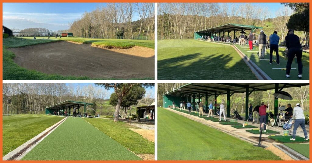 Esta composición de cuatro imágenes muestra distintos aspectos de las instalaciones de práctica en La Roca Golf.
En la esquina superior izquierda se ve un búnker de práctica perfectamente mantenido, con su característica arena y bordes de césped bien definidos, ideal para entrenar salidas de arena.
Las otras tres imágenes revelan diferentes perspectivas del nuevo Tee Line: la superior derecha muestra a numerosos golfistas practicando simultáneamente bajo la estructura techada; la inferior izquierda ofrece una vista más amplia del Tee Line con su césped artificial y el campo de práctica natural al frente; y la inferior derecha presenta un primer plano de jugadores ejecutando sus swings en las estaciones individuales.
Estas instalaciones forman parte del excepcional centro de entrenamiento de La Roca Golf, uno de los más completos de Cataluña, diseñado para que golfistas de todos los niveles puedan mejorar cada aspecto de su juego en un entorno profesional rodeado de naturaleza.