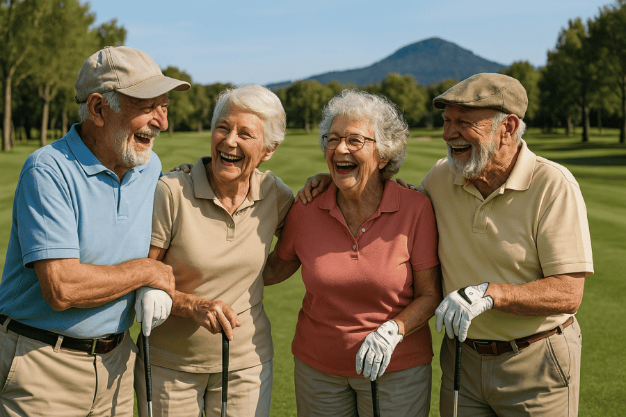 La imagen muestra a cuatro personas mayores sonriendo y riendo juntas en un campo de golf. Dos hombres y dos mujeres, todos vestidos con ropa informal de golf (polos de colores y pantalones claros), sostienen palos de golf mientras disfrutan de un momento alegre. Al fondo se aprecia un paisaje verde con árboles y una montaña, característico del entorno natural de La Roca Golf. Esta imagen refleja perfectamente el aspecto social e intergeneracional del golf como actividad para toda la vida, destacando la camaradería y diversión que ofrece este deporte.