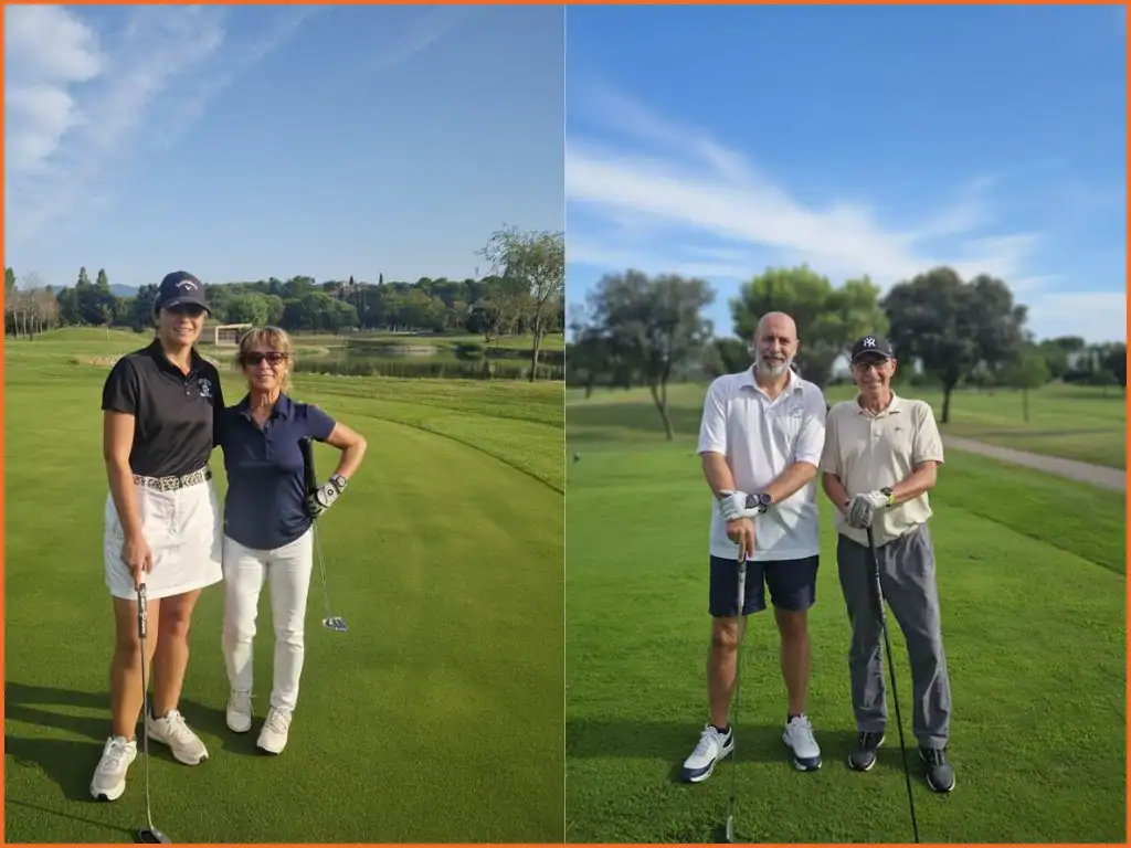 Dos escenas de golfistas posando con sus palos sobre el césped verde del campo La Roca Golf en un día claro y soleado 