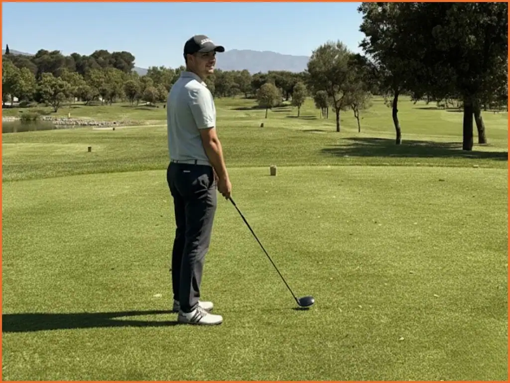 Jugador de golf preparando el drive en el campo La Roca Golf con césped verde uniforme y la montaña del Montseny al fondo bajo cielo despejado