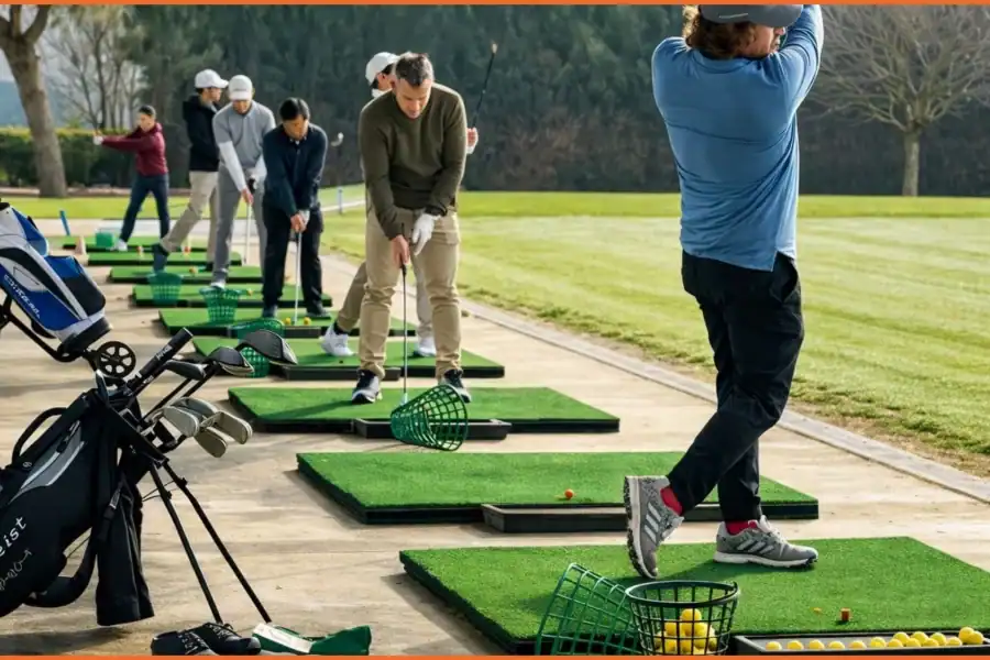 Jugadores practicando en el driving range de La Roca Golf, con luz natural suave, alfombrillas verdes y césped perfectamente cuidado en un entorno sereno y premium.