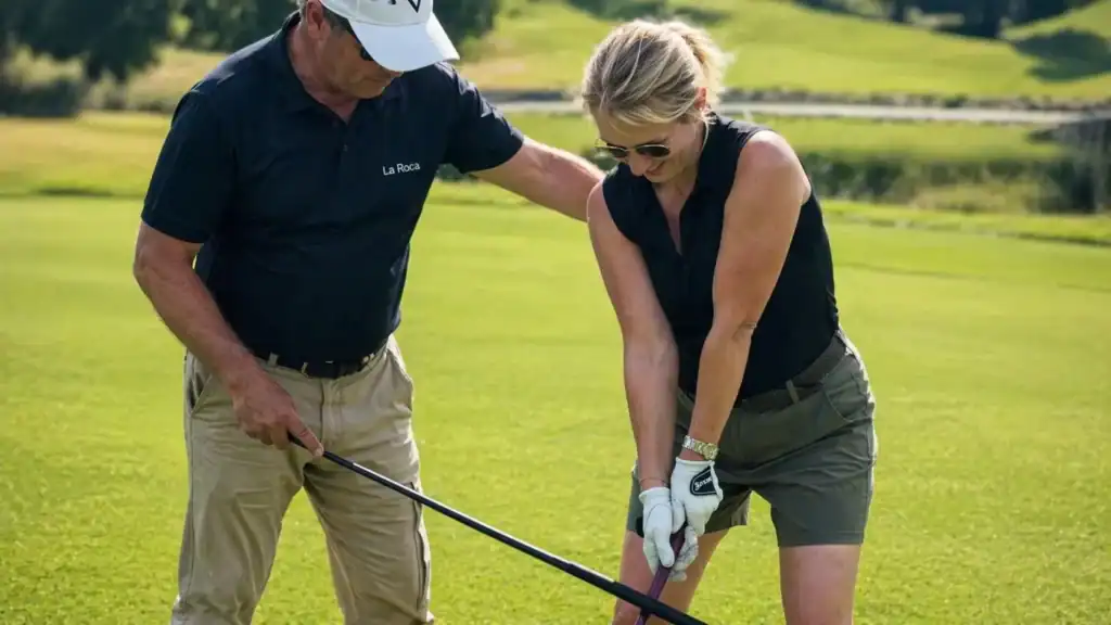 Profesor de La Roca Golf corrigiendo el agarre del palo a una alumna durante una clase de iniciación
