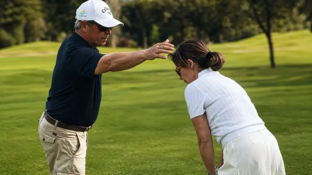 Profesor de La Roca Golf enseñando la postura del swing a una alumna en el campo