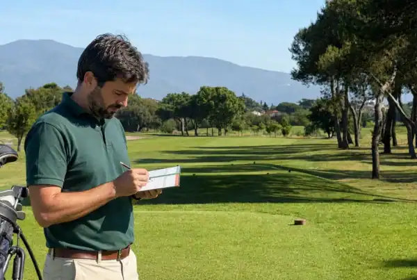Jugador anotando su tarjeta para el handicap en el campo de La Roca Golf, cerca de Barcelona
