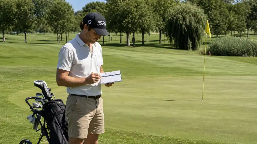 Golfista anotando los golpes en la tarjeta junto al green para calcular su handicap