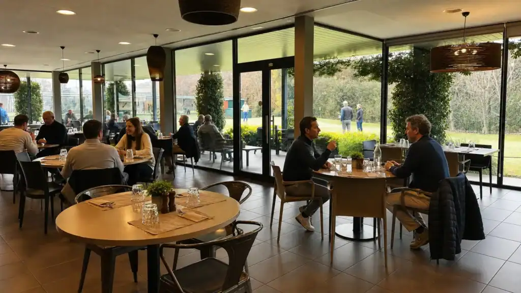 Restaurante de club de golf con ventanales al campo y golfistas comiendo tras la ronda, ambiente de escapada de golf cerca de Barcelona
