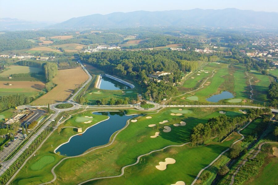 Aerial view of La Roca Golf with the Vallès and the mountains behind, near Barcelona