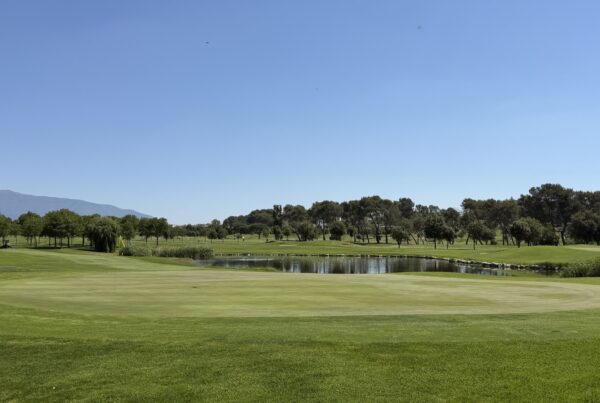 Green avec drapeau jaune et lac derrière à La Roca Golf, exemple d'obstacle d'eau