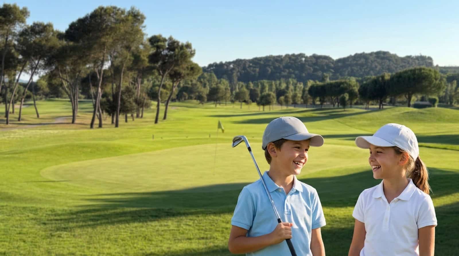 Dos nens somrient amb el seu pal de golf al camp de La Roca Golf