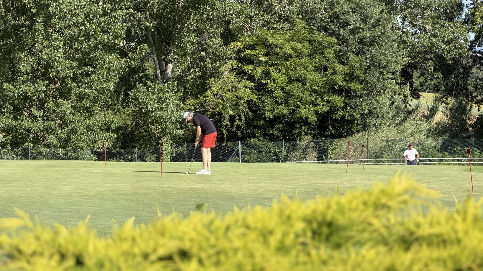 Golfista practicant el putt al green de pràctiques de La Roca Golf, envoltat d'arbres.